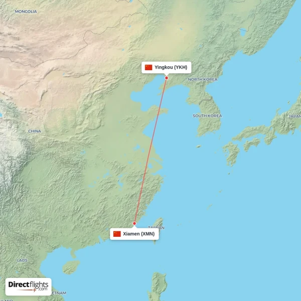 Xiamen - Yingkou direct flight map