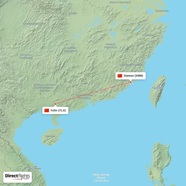 Xiamen - Yulin direct flight map