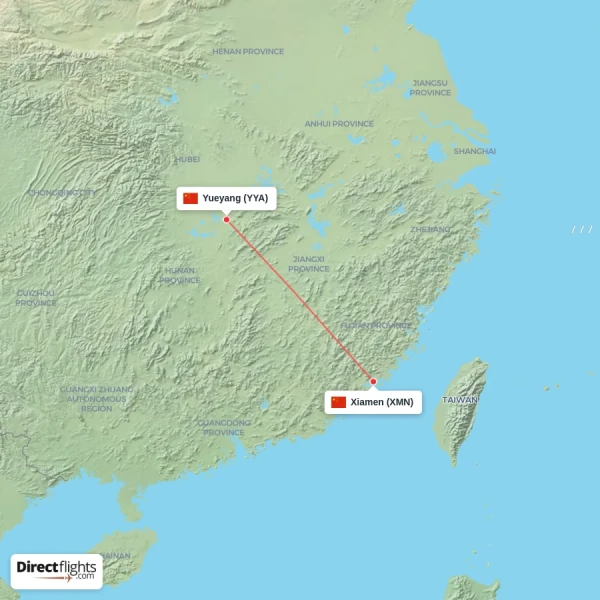 Xiamen - Yueyang direct flight map