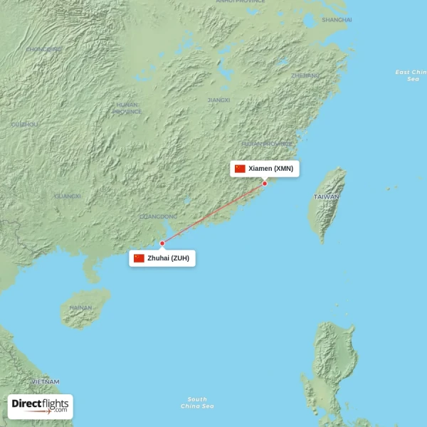 Xiamen - Zhuhai direct flight map