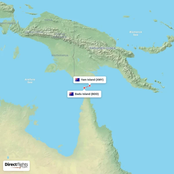 Yam Island - Badu Island direct flight map