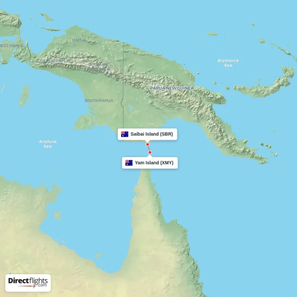 Yam Island - Saibai Island direct flight map