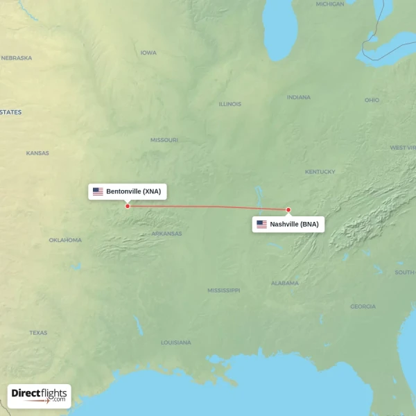 Bentonville - Nashville direct flight map