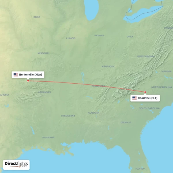 Bentonville - Charlotte direct flight map