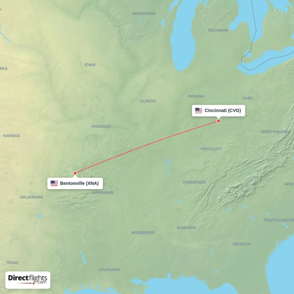 Bentonville - Cincinnati direct flight map