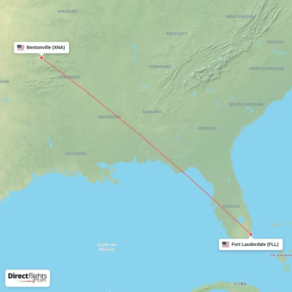 Bentonville - Fort Lauderdale direct flight map