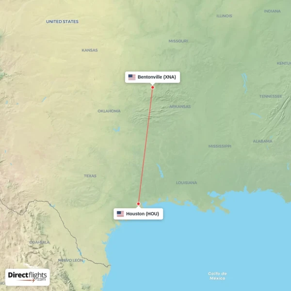 Bentonville - Houston direct flight map