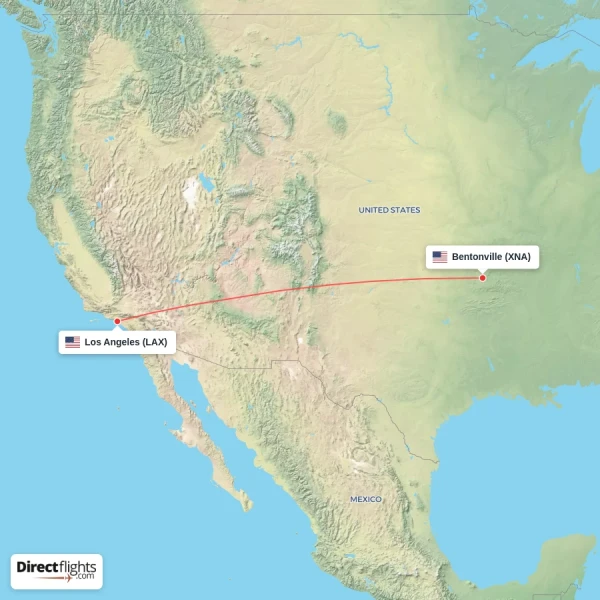 Bentonville - Los Angeles direct flight map