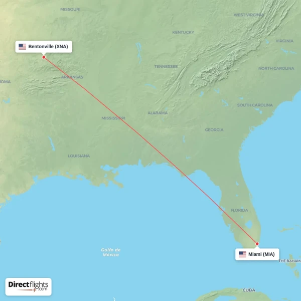 Bentonville - Miami direct flight map
