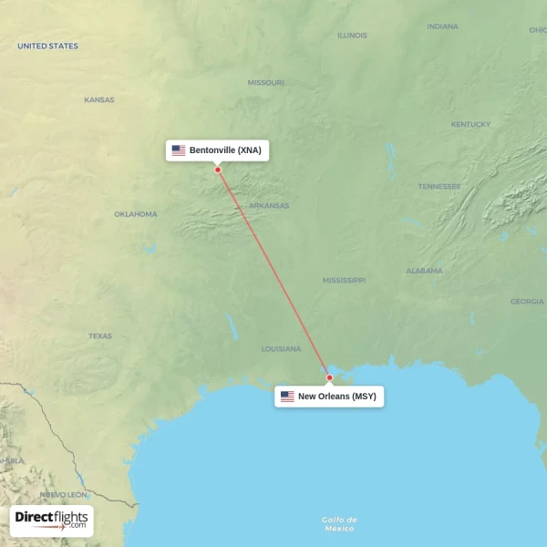Bentonville - New Orleans direct flight map