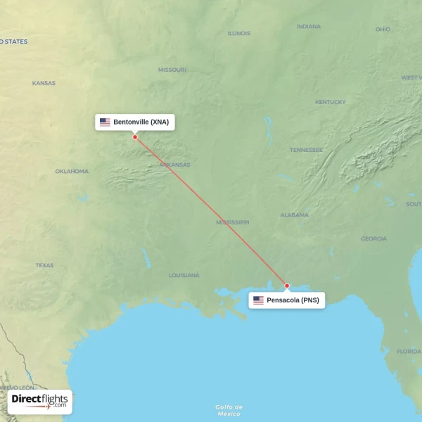 Bentonville - Pensacola direct flight map