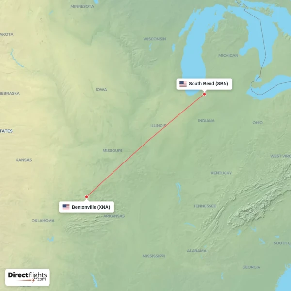 Bentonville - South Bend direct flight map