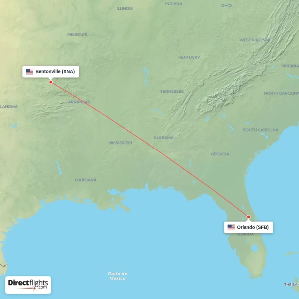 Bentonville - Orlando direct flight map