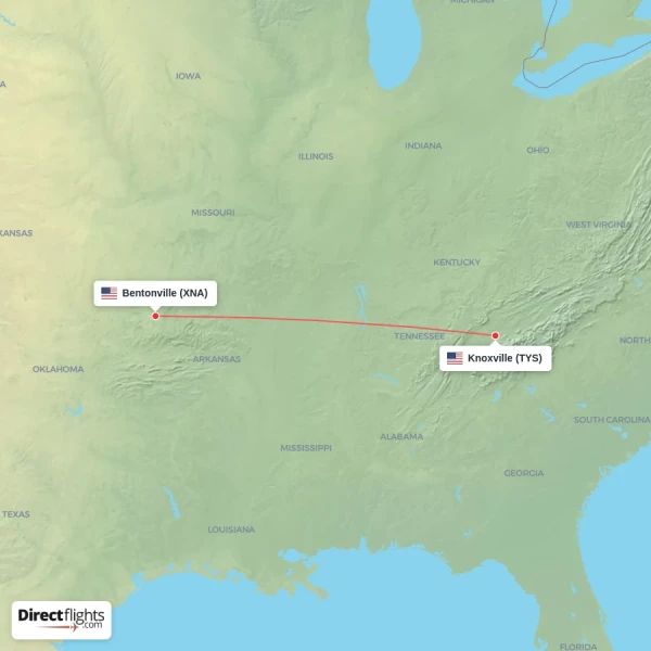 Bentonville - Knoxville direct flight map
