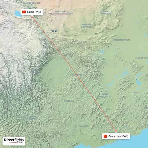 Xining - Guangzhou direct flight map