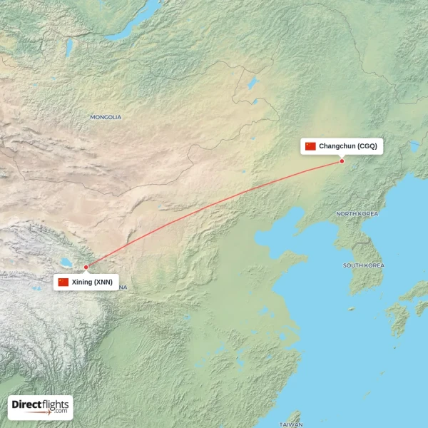 Xining - Changchun direct flight map