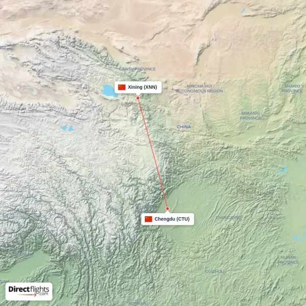 Xining - Chengdu direct flight map
