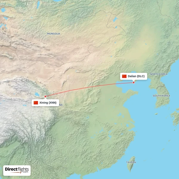 Xining - Dalian direct flight map
