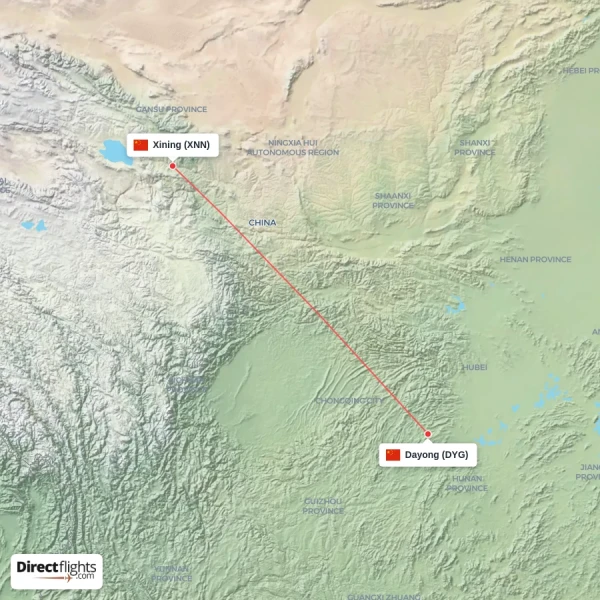 Xining - Dayong direct flight map