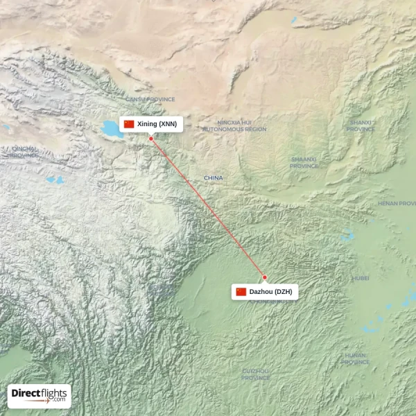 Xining - Dazhou direct flight map