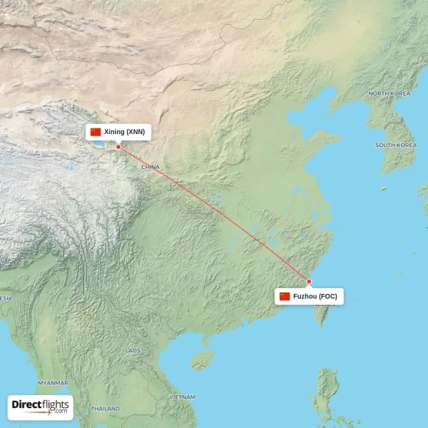 Xining - Fuzhou direct flight map