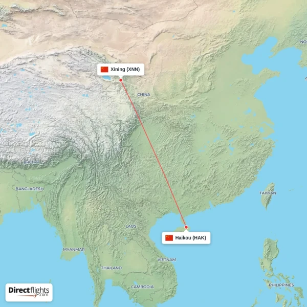 Xining - Haikou direct flight map