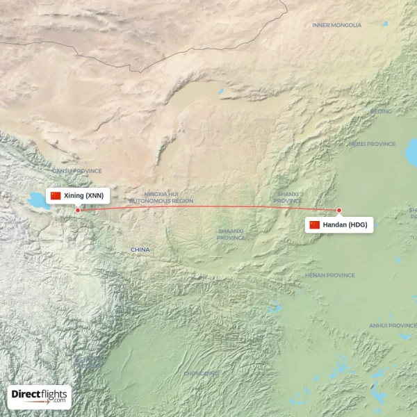 Xining - Handan direct flight map