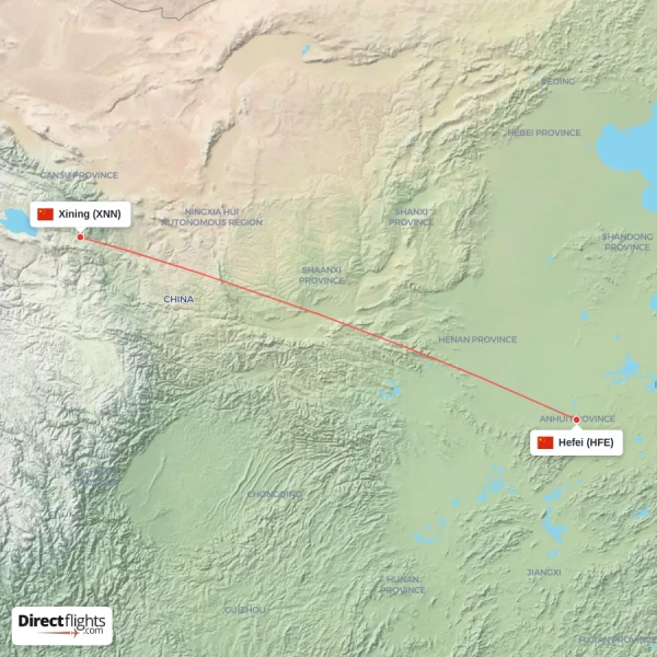 Xining - Hefei direct flight map