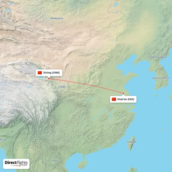 Xining - Huai'an direct flight map