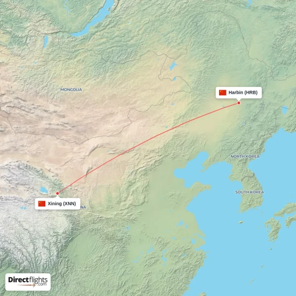Xining - Harbin direct flight map