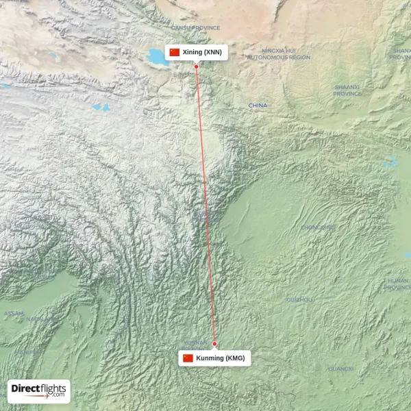 Xining - Kunming direct flight map