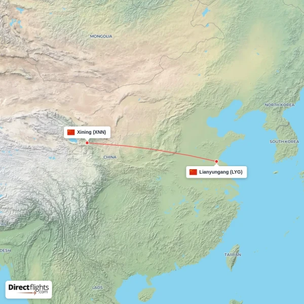 Xining - Lianyungang direct flight map