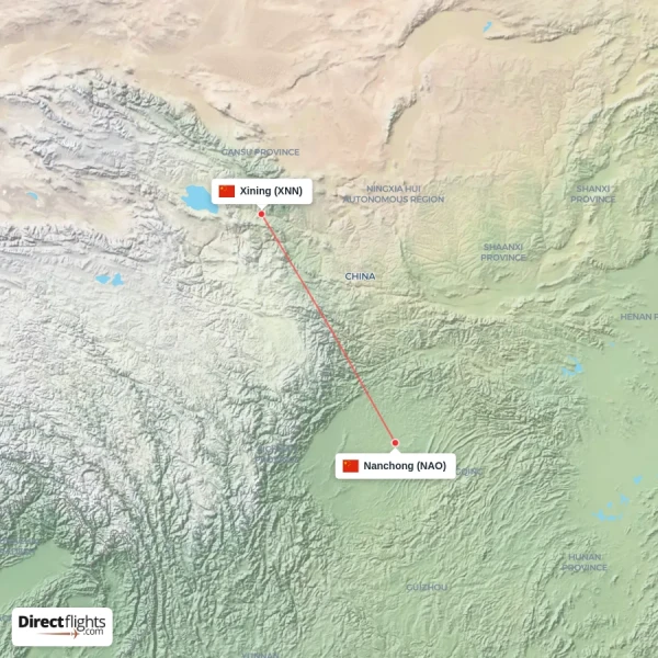 Xining - Nanchong direct flight map