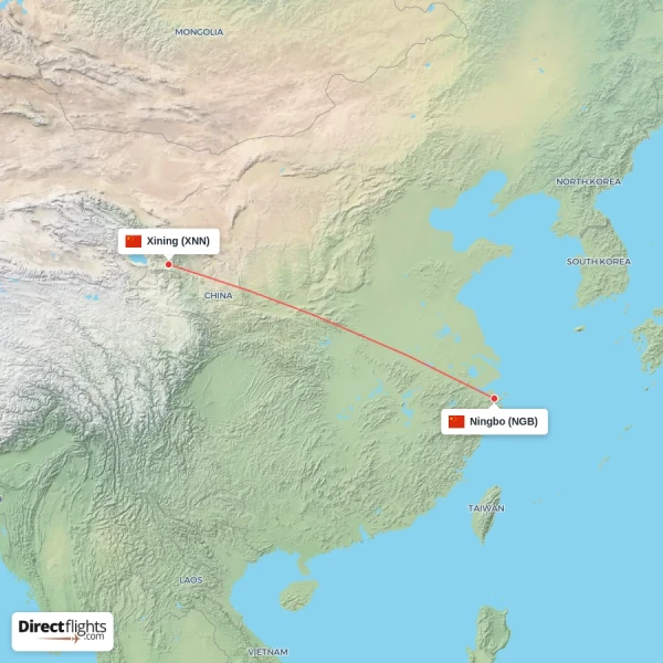 Xining - Ningbo direct flight map