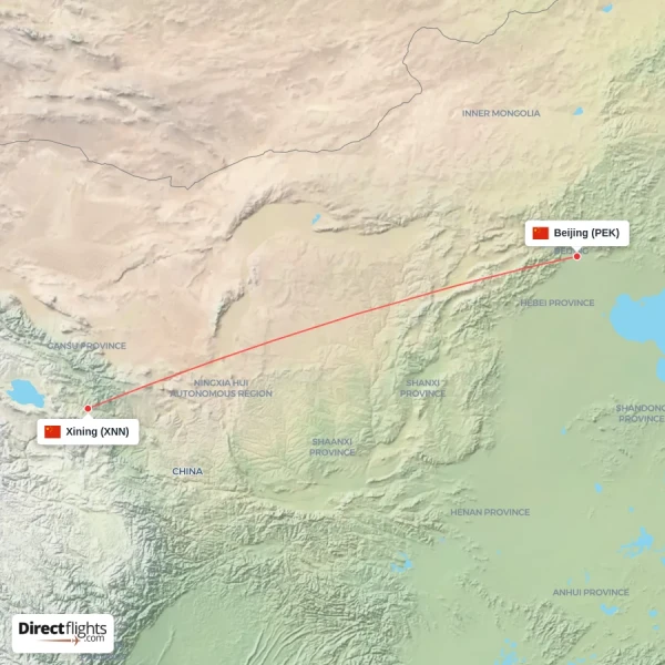 Xining - Beijing direct flight map