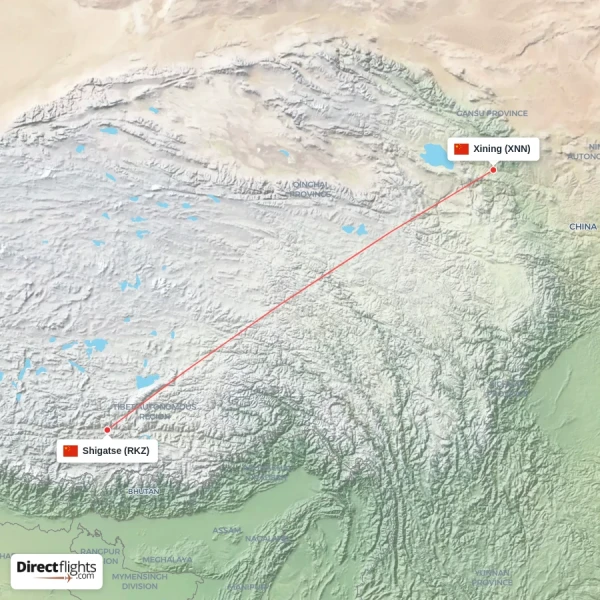 Xining - Shigatse direct flight map