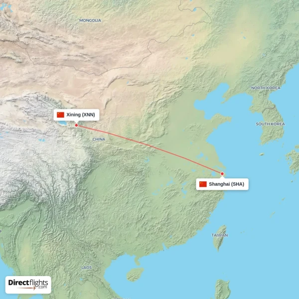Xining - Shanghai direct flight map