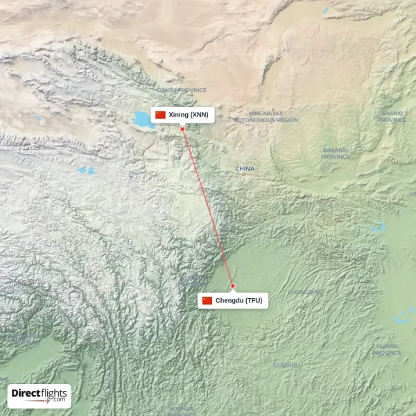 Xining - Chengdu direct flight map