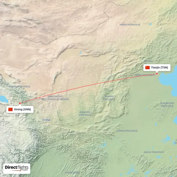 Xining - Tianjin direct flight map