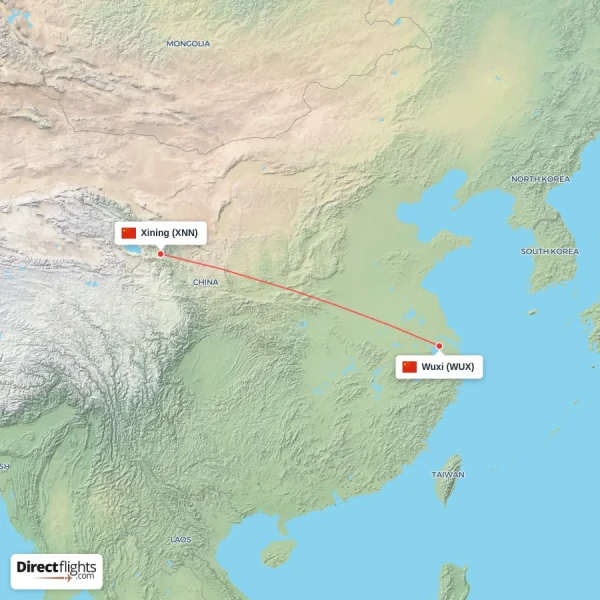Xining - Wuxi direct flight map