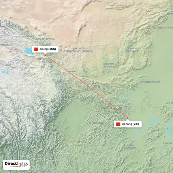Xining - Yichang direct flight map