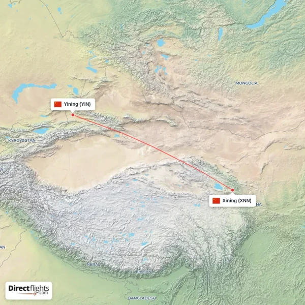Xining - Yining direct flight map