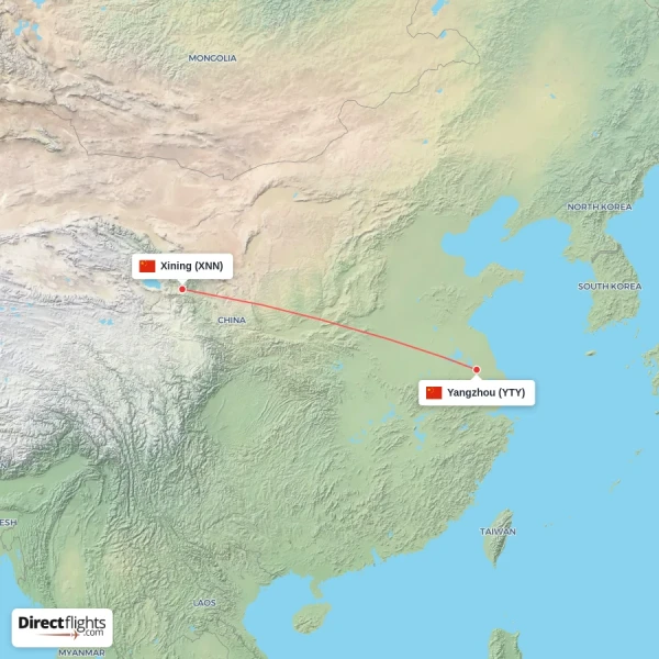 Xining - Yangzhou direct flight map