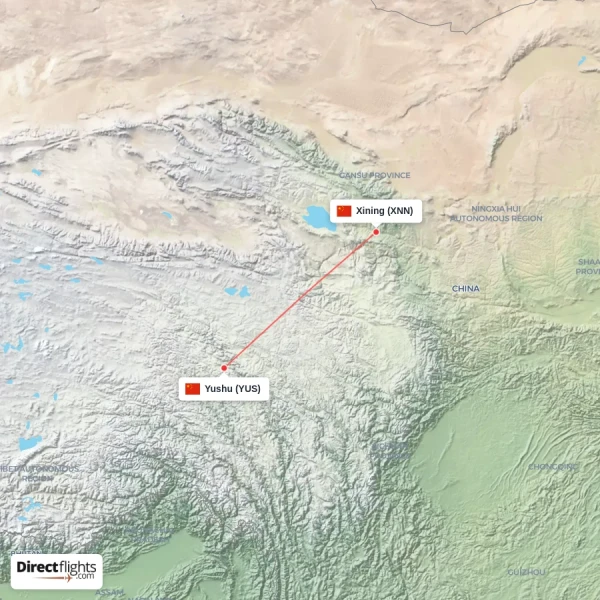 Xining - Yushu direct flight map