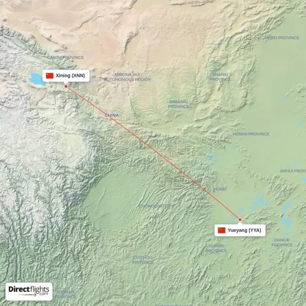 Xining - Yueyang direct flight map
