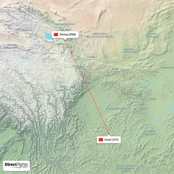 Xining - Zunyi direct flight map