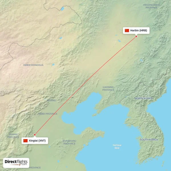 Xingtai - Harbin direct flight map