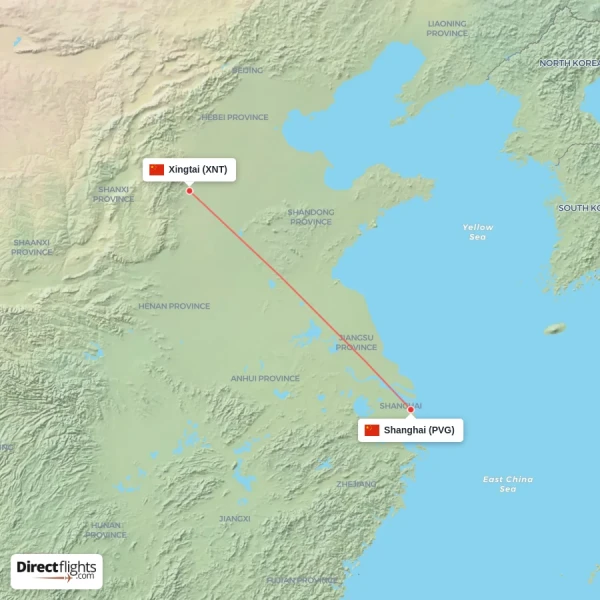 Xingtai - Shanghai direct flight map