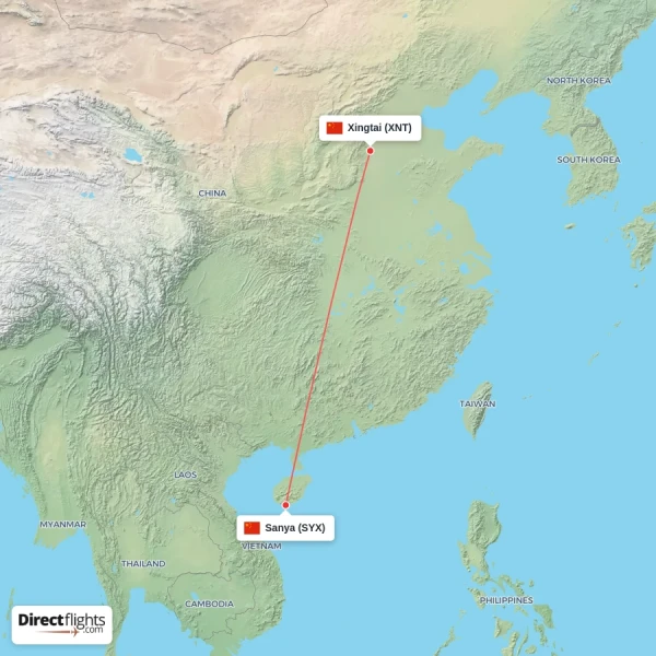 Xingtai - Sanya direct flight map