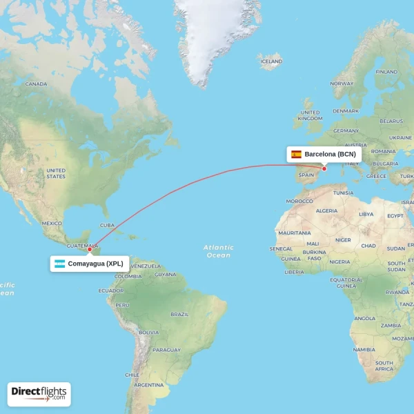 Comayagua - Barcelona direct flight map